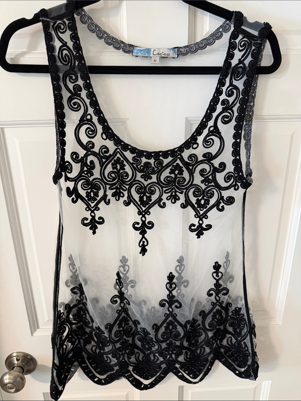 Cacico Whimsigoth Grunge Sheer Mesh Black Embroidered Tunic Tank Top Festival M